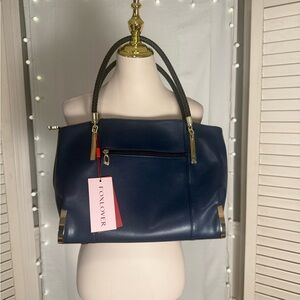 Foxlover Navy Blue Large Tote Bag Gold Hardware 17” Wide NWT